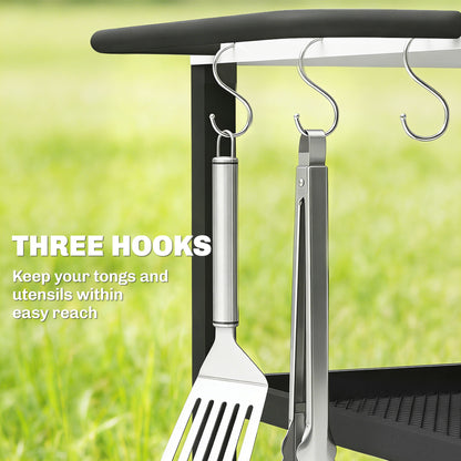 3-Tier BBQ Cart – Mobile Outdoor Grill Trolley with Stainless Steel Worktop, Adjustable Shelf, Wheels & Brakes, Hooks, Handle – Black