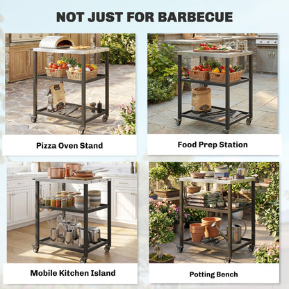 3-Tier BBQ Cart – Mobile Outdoor Grill Trolley with Stainless Steel Worktop, Adjustable Shelf, Wheels & Brakes, Hooks, Handle – Black