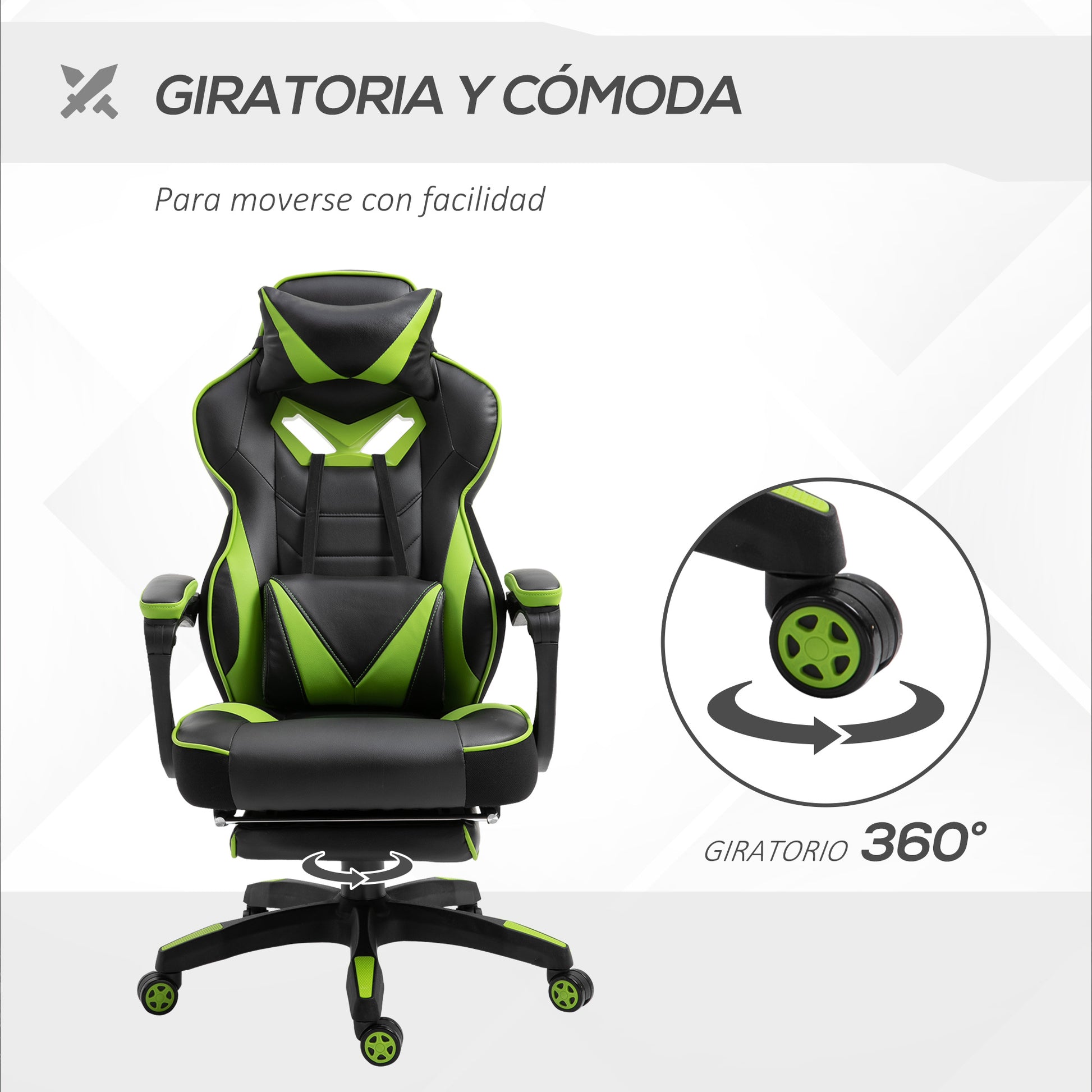 Ergonomic Gaming Chair Office Desk Chair Height Adjustable Reclining Backrest with Footrest Headrest Lumbar Pillow Wheels 25.6x27.6x46.5-50.6 inches Green
