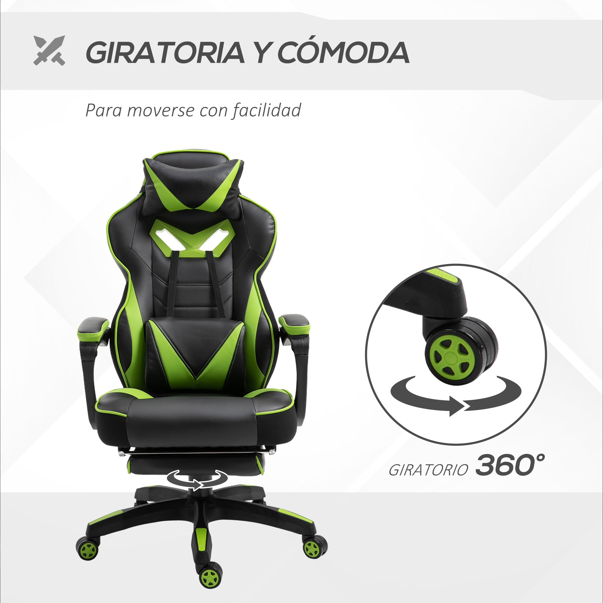 Ergonomic Gaming Chair Office Desk Chair Height Adjustable Reclining Backrest with Footrest Headrest Lumbar Pillow Wheels 25.6x27.6x46.5-50.6 inches Green