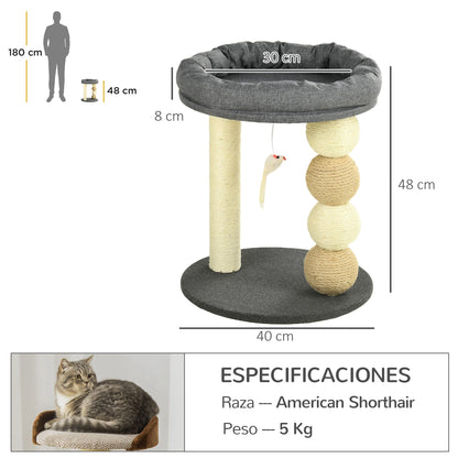 Cat Scratcher Tree Small Cat Tower Activity Center for Kittens with Nest 4 Balls and Sisal Post Load 15 kg Ø40x48 cm Gray and Beige