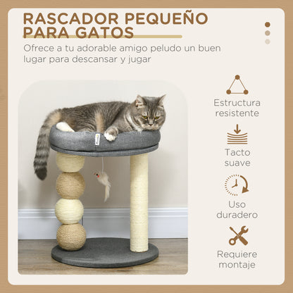 Cat Scratcher Tree Small Cat Tower Activity Center for Kittens with Nest 4 Balls and Sisal Post Load 15 kg Ø40x48 cm Gray and Beige