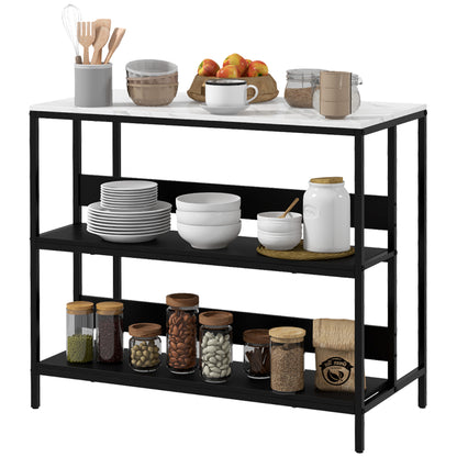 Kitchen Island Cart, Kitchen Furniture, Marble Look Top, Steel Frame, 2 Shelves, Storage Cabinet for Living Room, Modern Style, 100 x 50 x 90 cm, Black