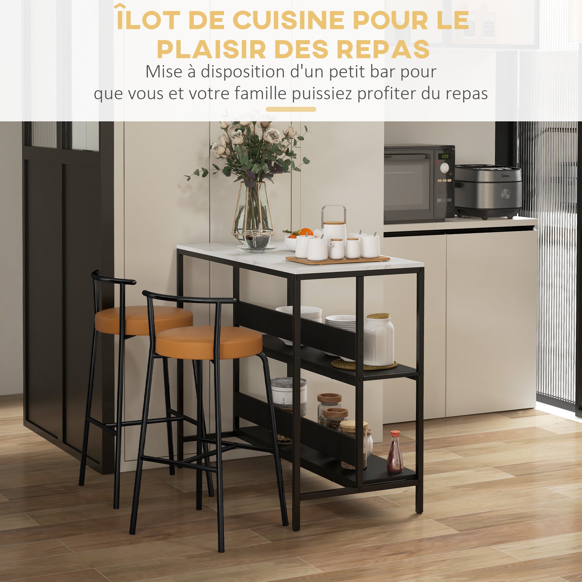 Kitchen Island Cart, Kitchen Furniture, Marble Look Top, Steel Frame, 2 Shelves, Storage Cabinet for Living Room, Modern Style, 100 x 50 x 90 cm, Black
