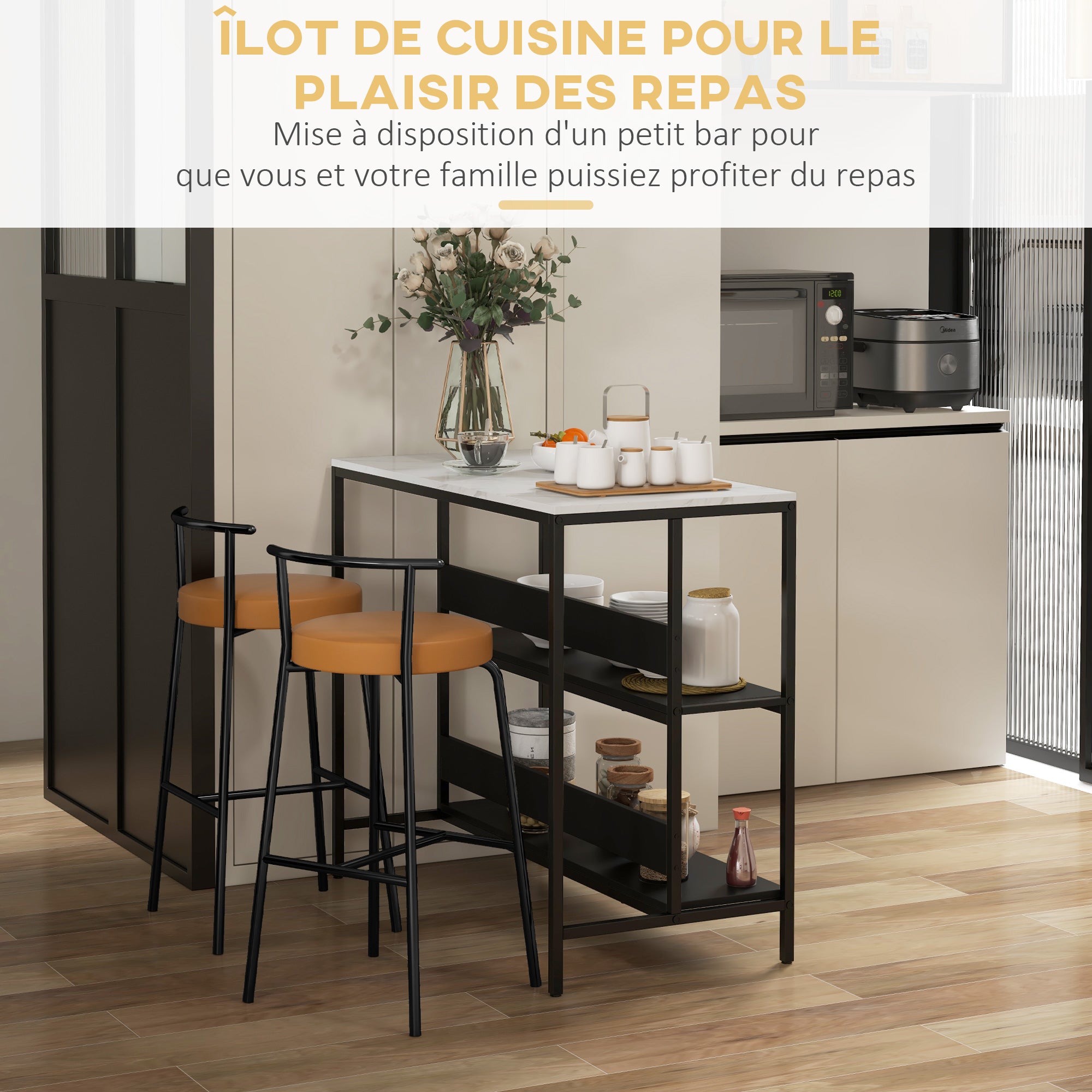 Kitchen Island Cart, Kitchen Furniture, Marble Look Top, Steel Frame, 2 Shelves, Storage Cabinet for Living Room, Modern Style, 100 x 50 x 90 cm, Black