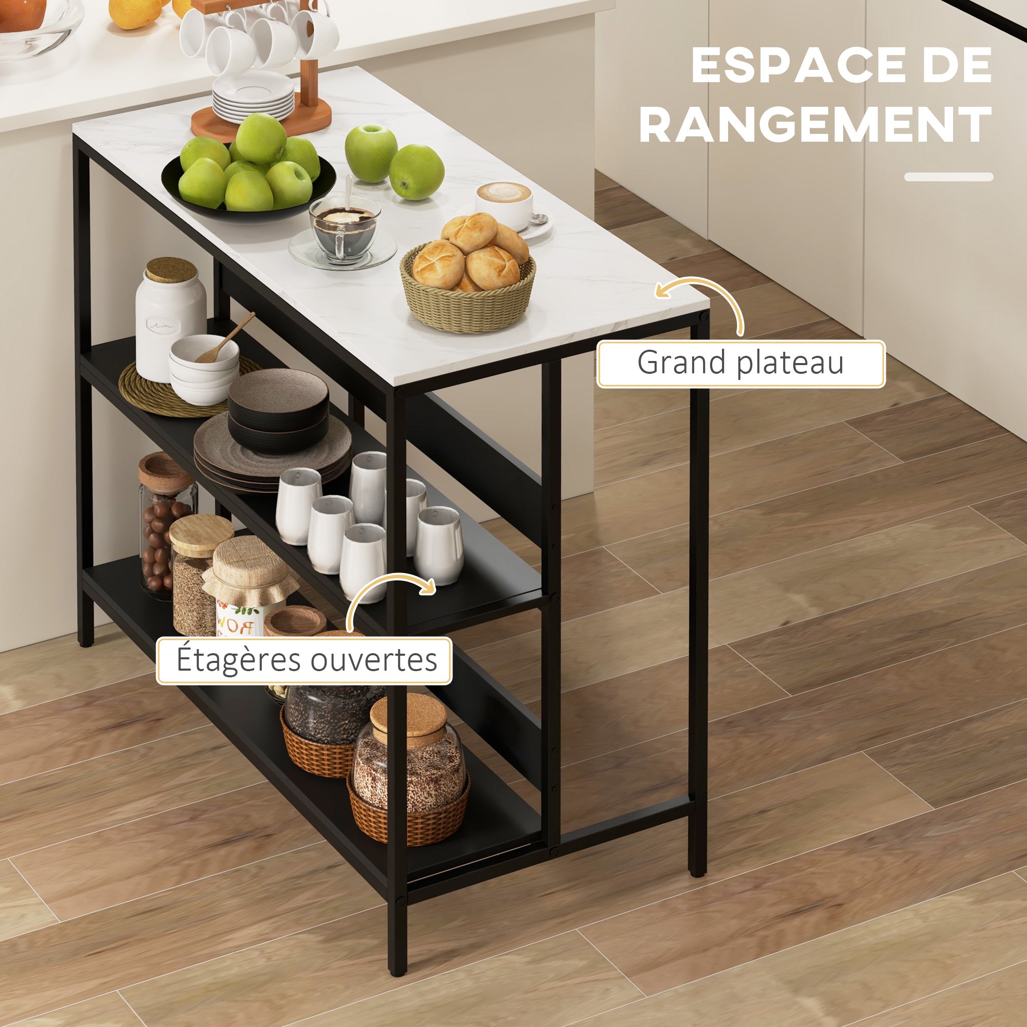 Kitchen Island Cart, Kitchen Furniture, Marble Look Top, Steel Frame, 2 Shelves, Storage Cabinet for Living Room, Modern Style, 100 x 50 x 90 cm, Black