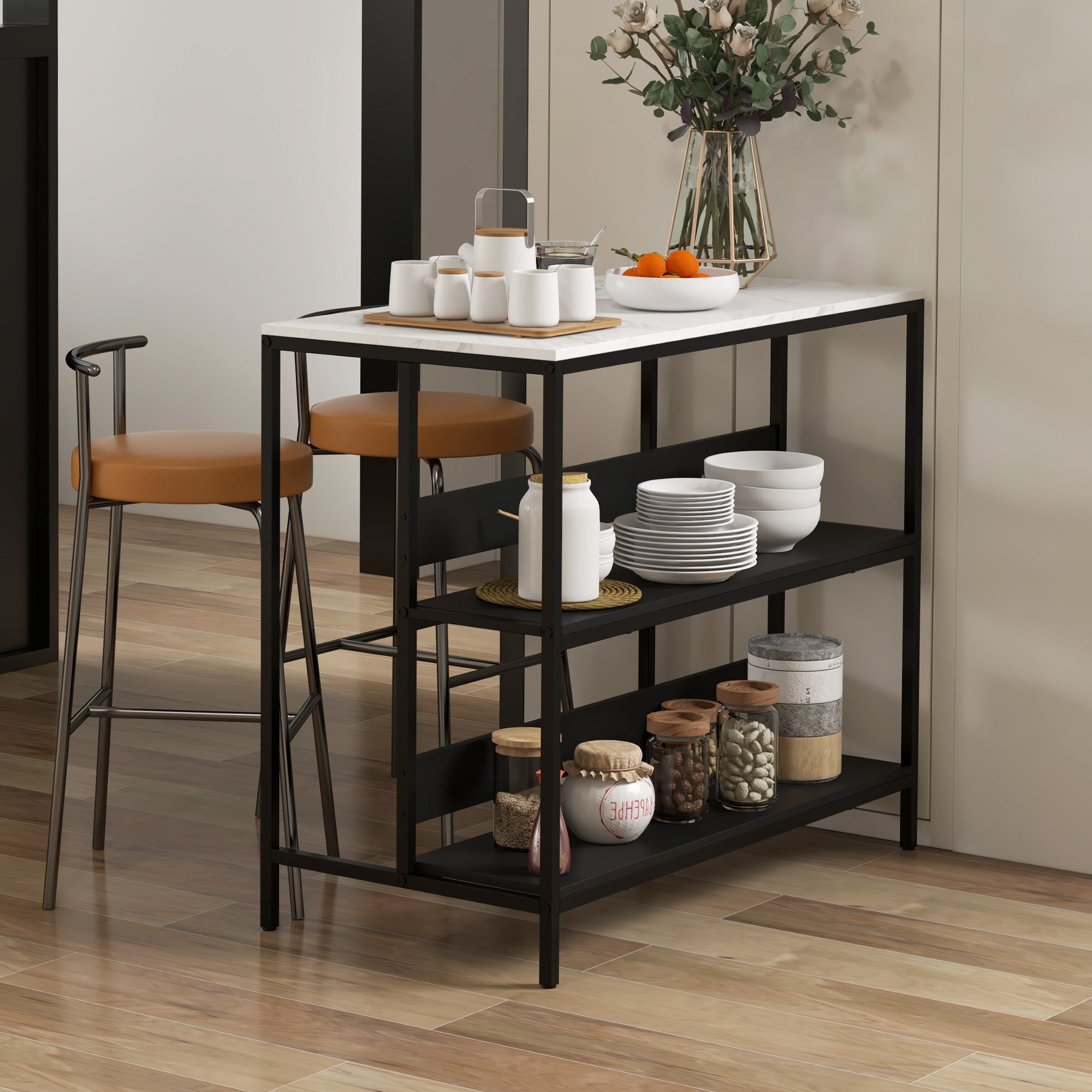 Kitchen Island Cart, Kitchen Furniture, Marble Look Top, Steel Frame, 2 Shelves, Storage Cabinet for Living Room, Modern Style, 100 x 50 x 90 cm, Black