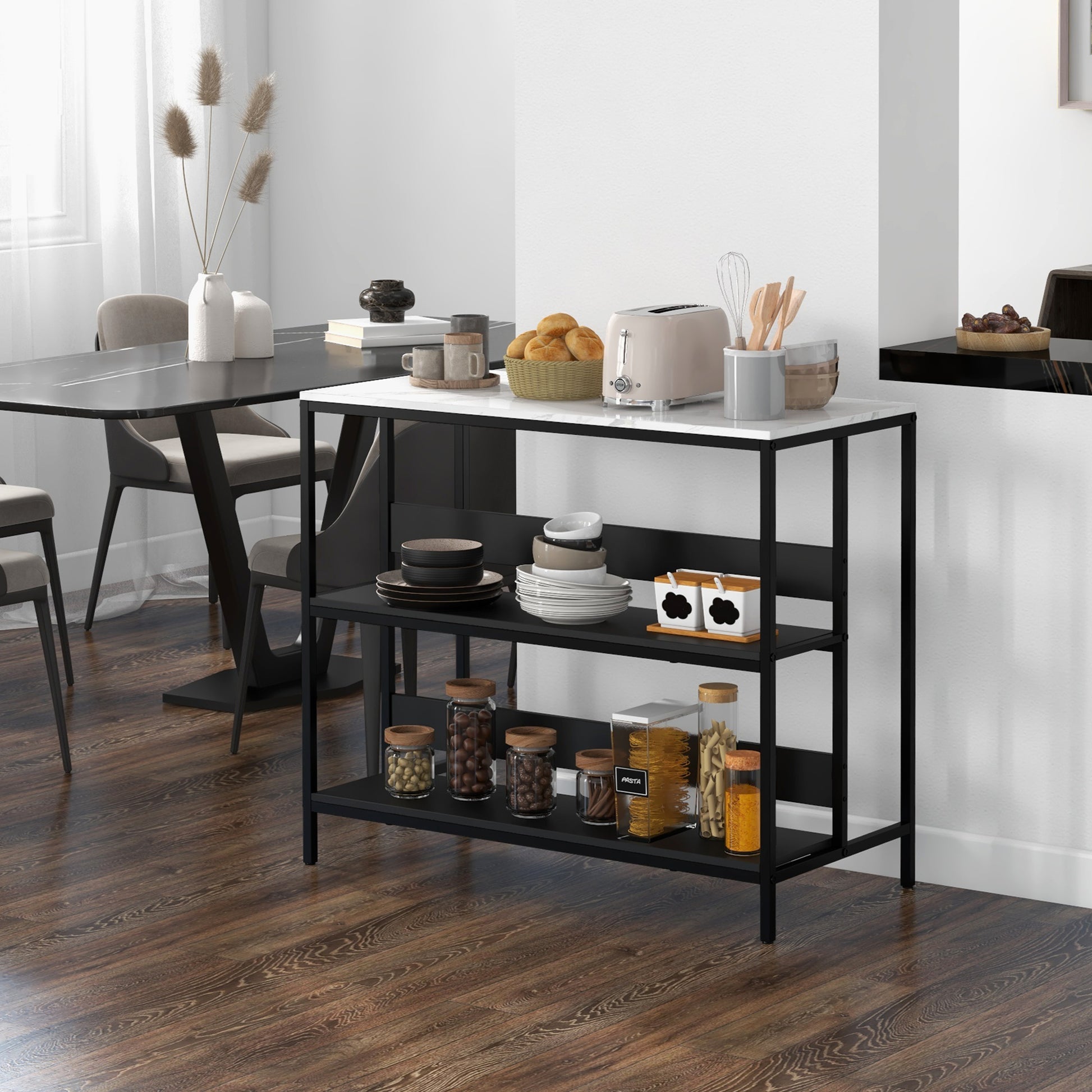 Kitchen Island Cart, Kitchen Furniture, Marble Look Top, Steel Frame, 2 Shelves, Storage Cabinet for Living Room, Modern Style, 100 x 50 x 90 cm, Black