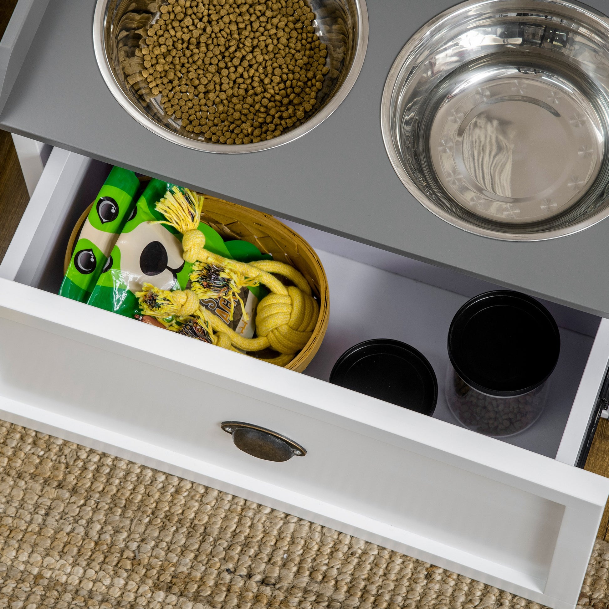 Dog Bowl, 2 x 2L Food Bowl, Elevated Feeder with Drawer, Stainless Steel Bowl, Feeding Station for Large Dogs, Brown