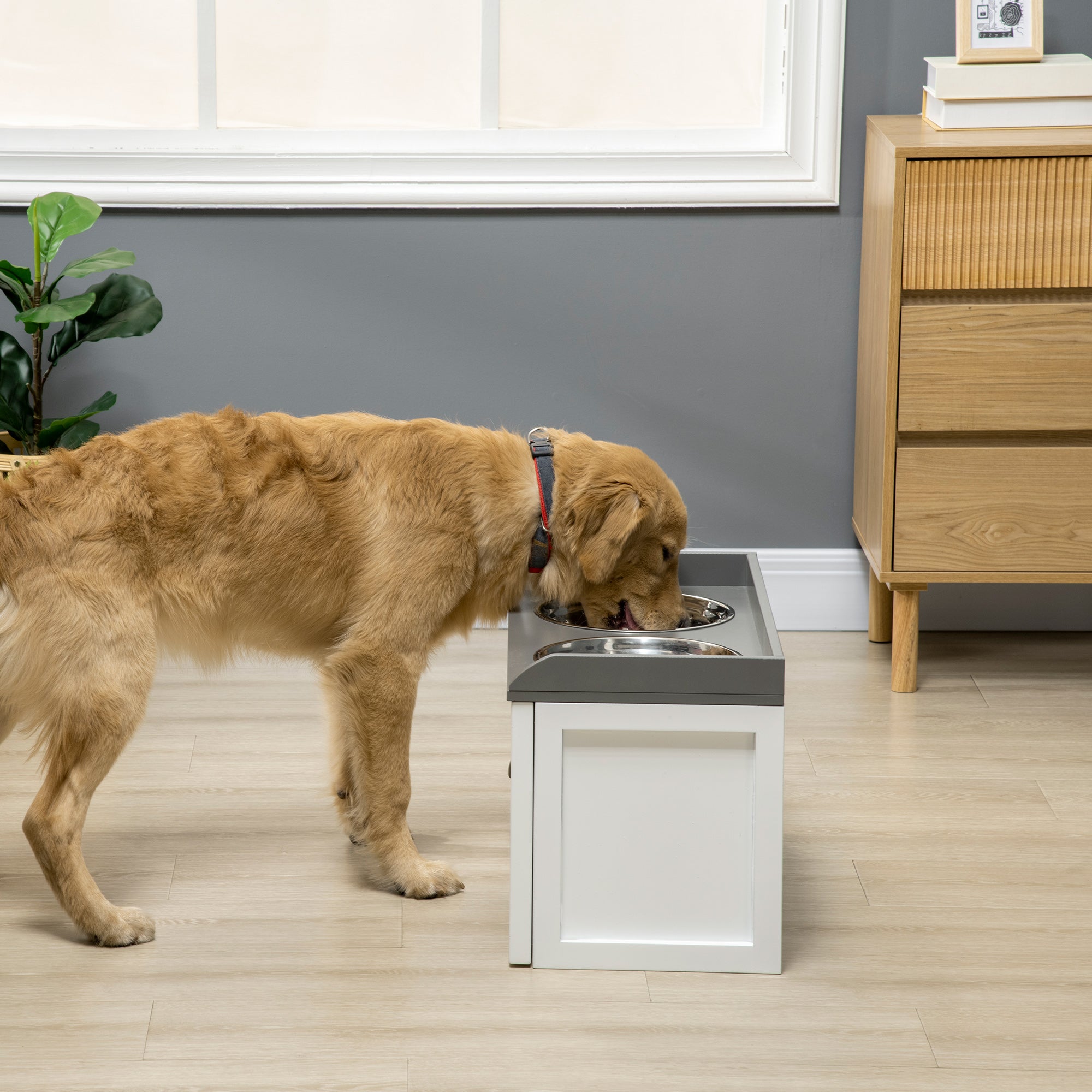 Dog Bowl, 2 x 2L Food Bowl, Elevated Feeder with Drawer, Stainless Steel Bowl, Feeding Station for Large Dogs, Brown