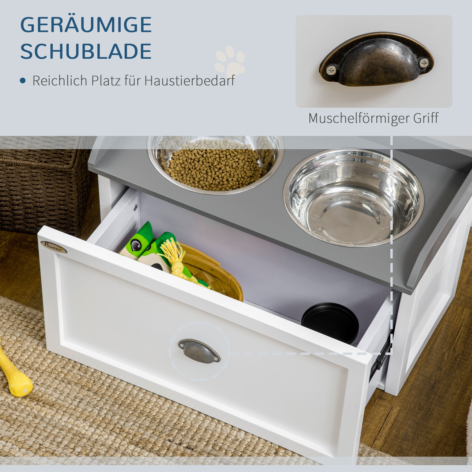 Dog Bowl, 2 x 2L Food Bowl, Elevated Feeder with Drawer, Stainless Steel Bowl, Feeding Station for Large Dogs, Brown