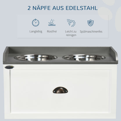 Dog Bowl, 2 x 2L Food Bowl, Elevated Feeder with Drawer, Stainless Steel Bowl, Feeding Station for Large Dogs, Brown