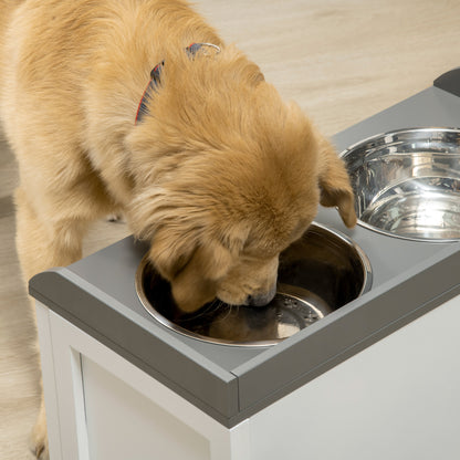 Dog Bowl, 2 x 2L Food Bowl, Elevated Feeder with Drawer, Stainless Steel Bowl, Feeding Station for Large Dogs, Brown