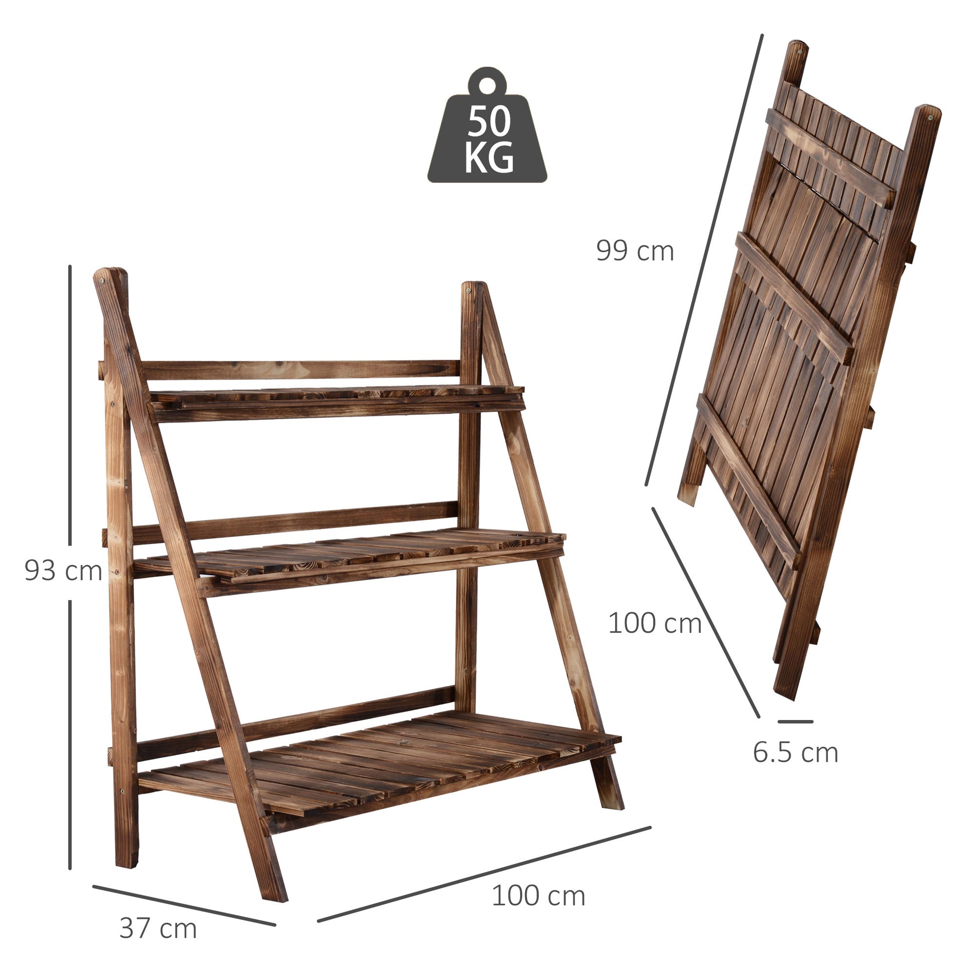 Folding Plant Stand Pot Rack in Fir Wood with 3 Levels Outdoor Shelf for Plants Flower Pot Holder 100x37x93cm