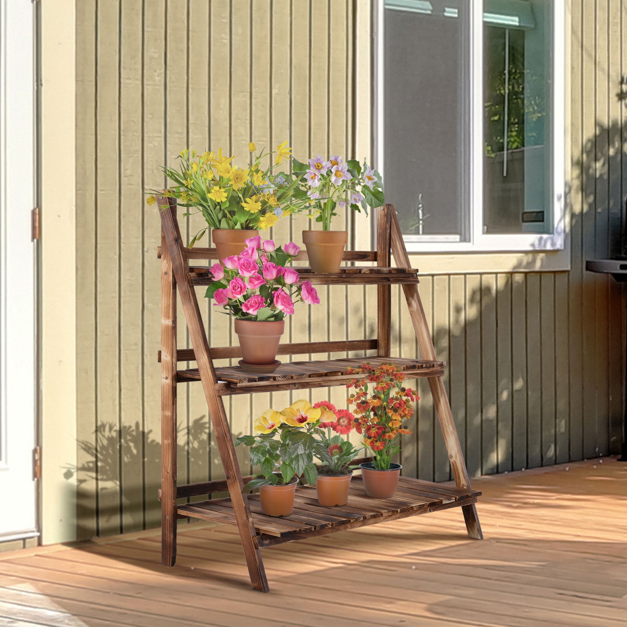 Folding Plant Stand Pot Rack in Fir Wood with 3 Levels Outdoor Shelf for Plants Flower Pot Holder 100x37x93cm