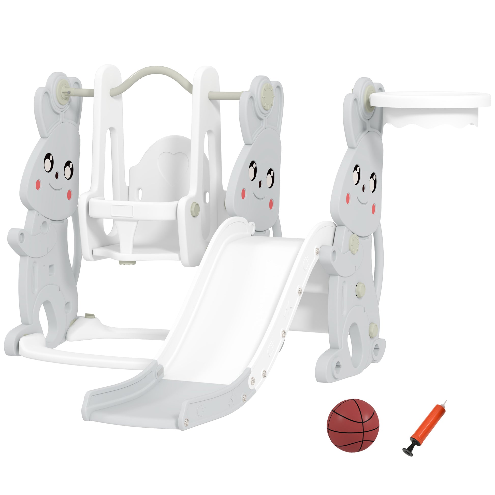 Slide 4-in-1 Toddler Slide with Swing, Climbing Frame, Basketball Hoop, Children's Playground with Bunny Design Toddler Slide for Indoor and Outdoor Children aged 1.5-4 years Gray