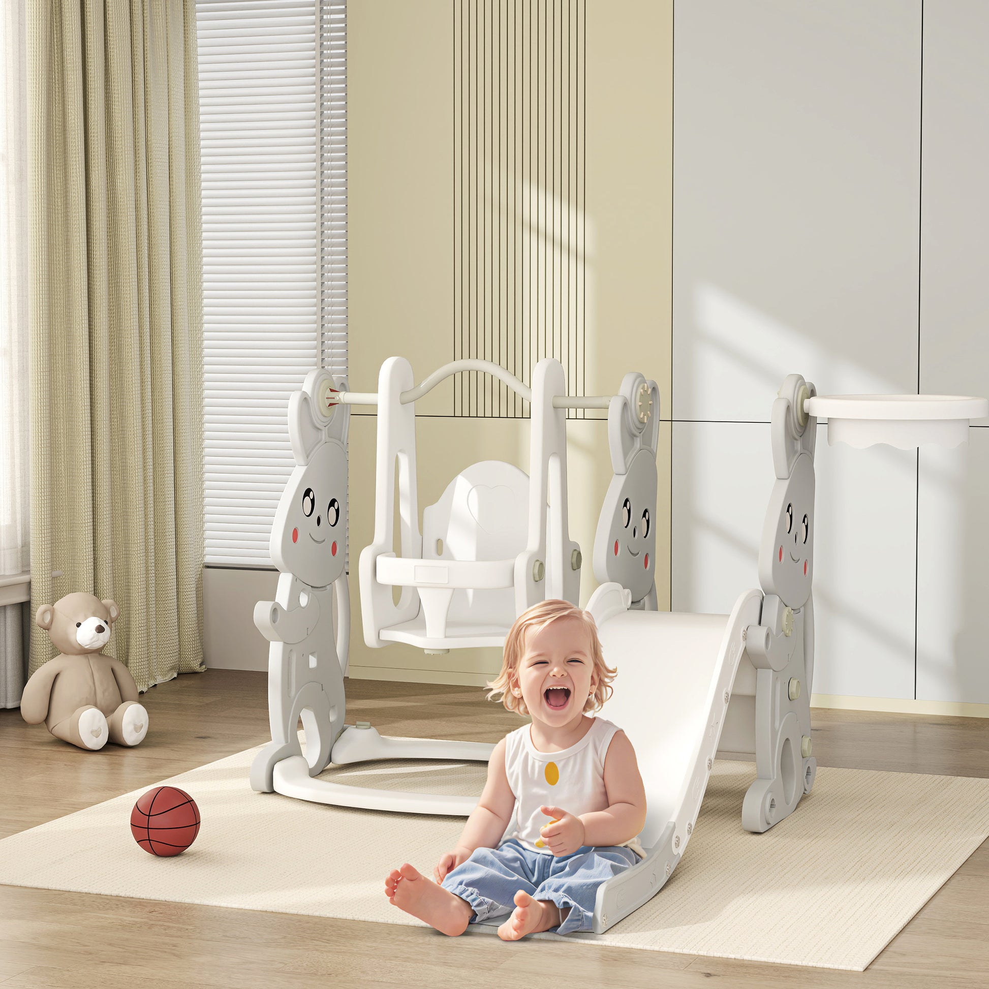 Slide 4-in-1 Toddler Slide with Swing, Climbing Frame, Basketball Hoop, Children's Playground with Bunny Design Toddler Slide for Indoor and Outdoor Children aged 1.5-4 years Gray