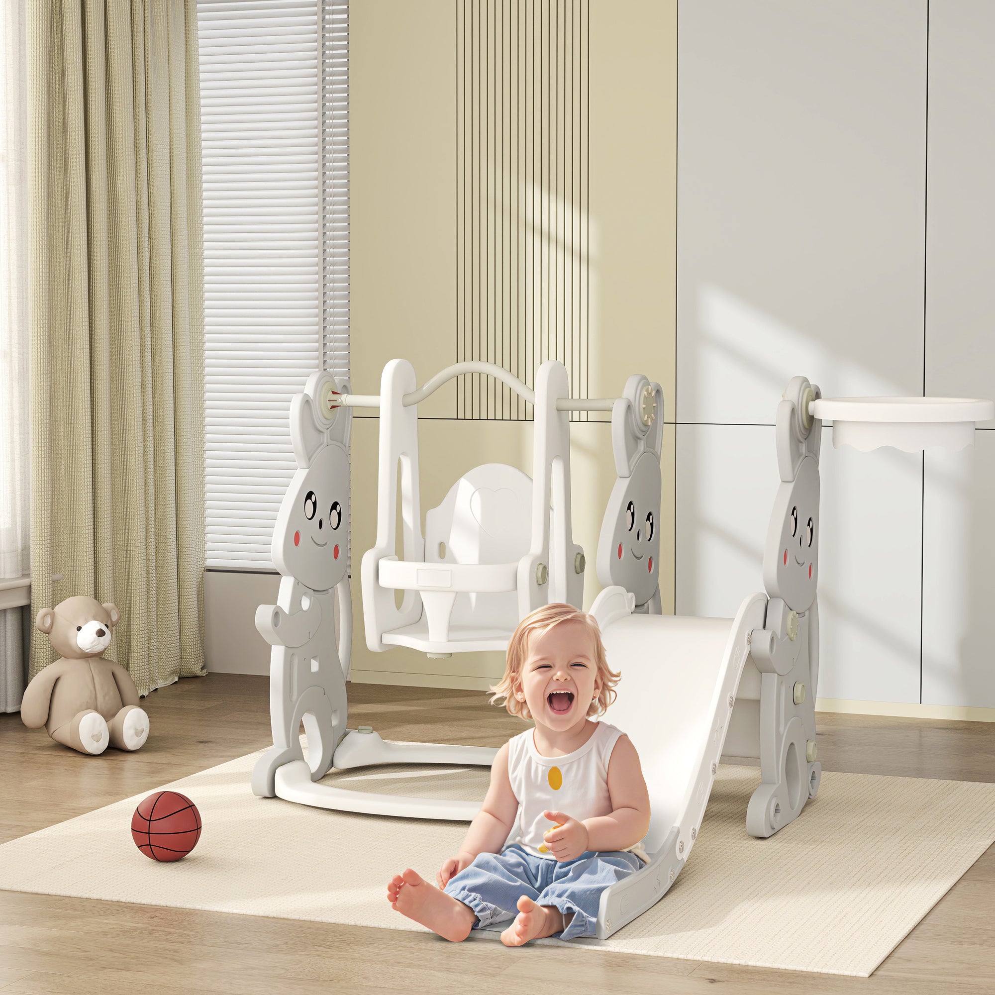 Slide 4-in-1 Toddler Slide with Swing, Climbing Frame, Basketball Hoop, Children's Playground with Bunny Design Toddler Slide for Indoor and Outdoor Children aged 1.5-4 years Gray