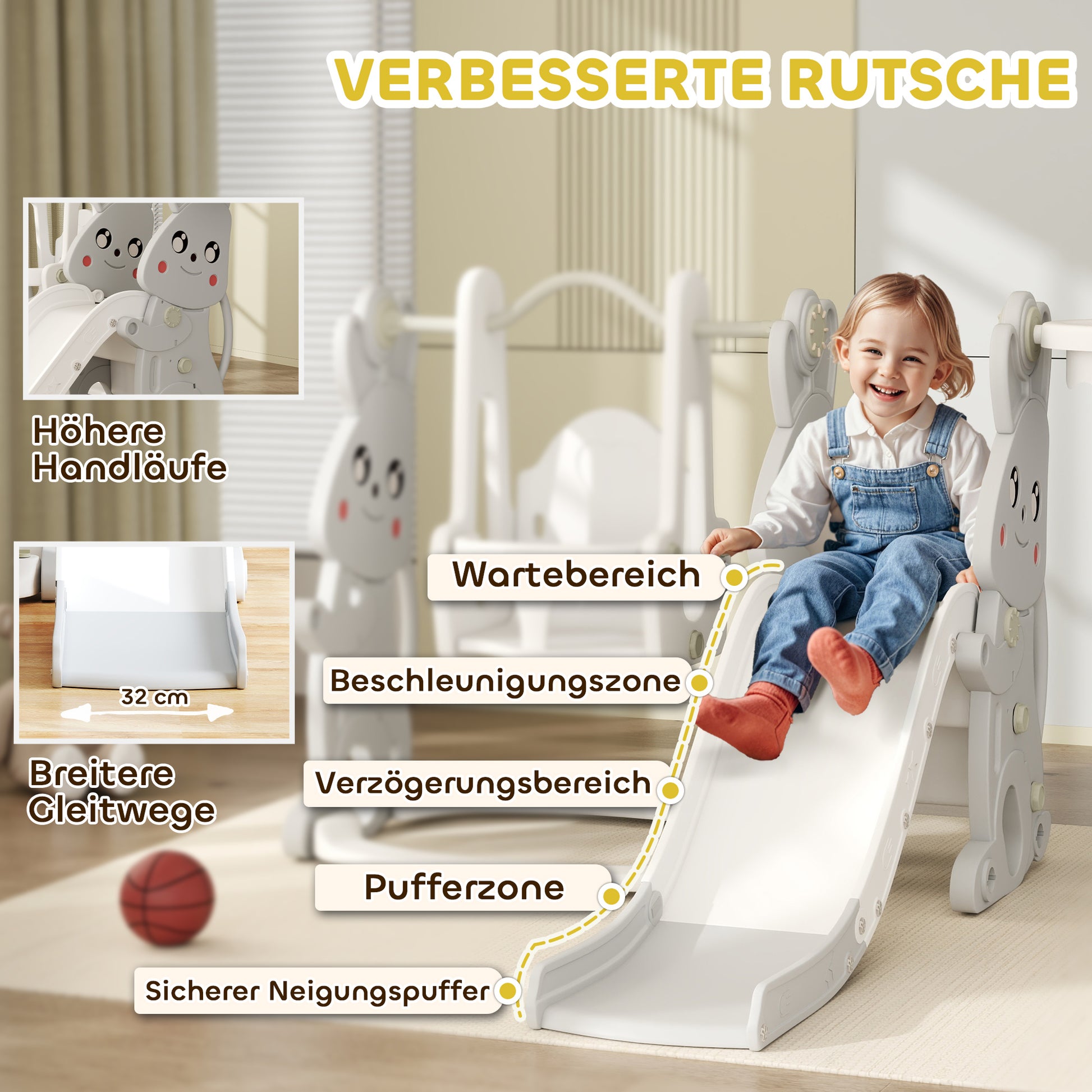 Slide 4-in-1 Toddler Slide with Swing, Climbing Frame, Basketball Hoop, Children's Playground with Bunny Design Toddler Slide for Indoor and Outdoor Children aged 1.5-4 years Gray