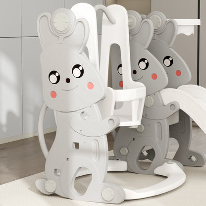 Slide 4-in-1 Toddler Slide with Swing, Climbing Frame, Basketball Hoop, Children's Playground with Bunny Design Toddler Slide for Indoor and Outdoor Children aged 1.5-4 years Gray