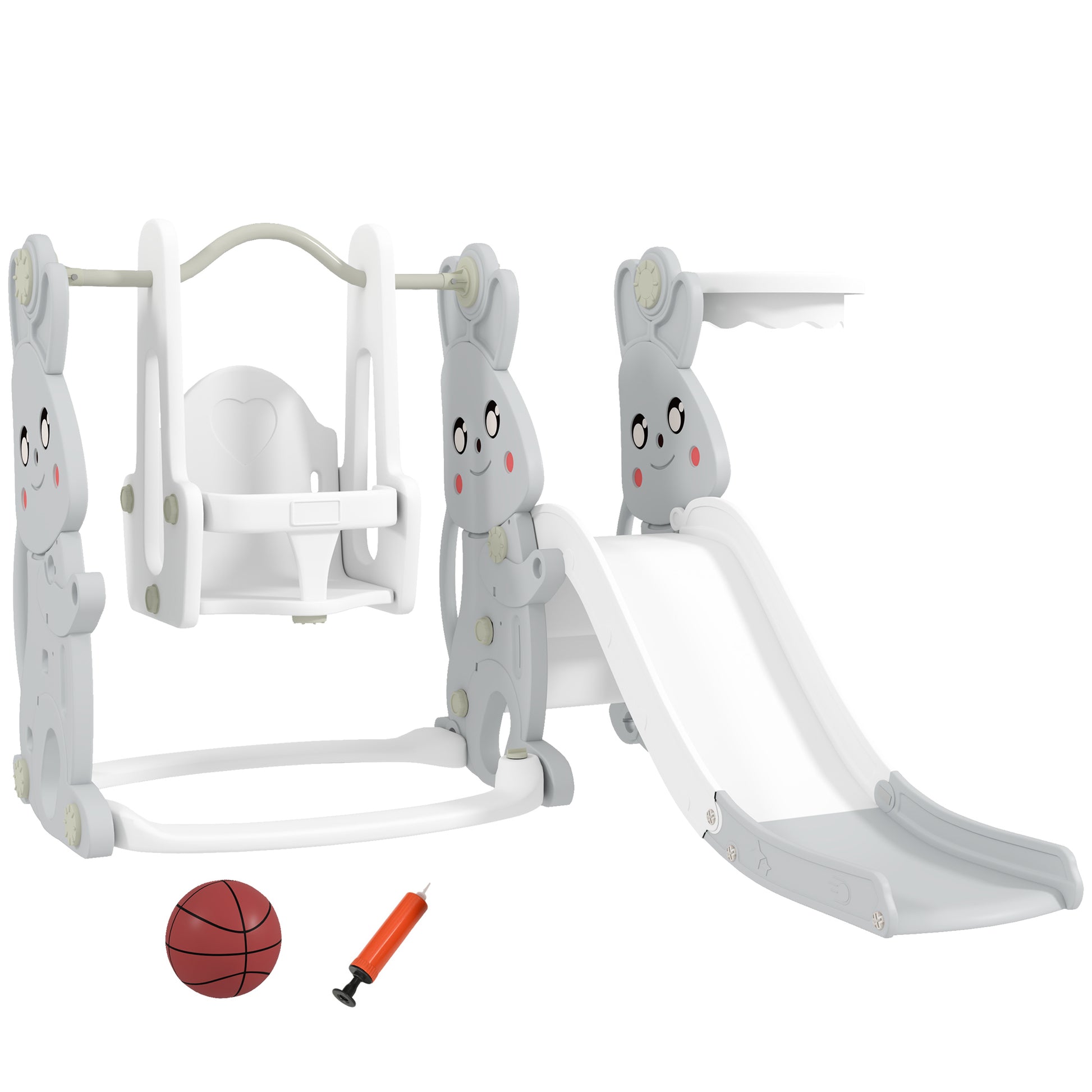Slide 4-in-1 Toddler Slide with Swing, Climbing Frame, Basketball Hoop, Children's Playground with Bunny Design Toddler Slide for Indoor and Outdoor Children aged 1.5-4 years Gray