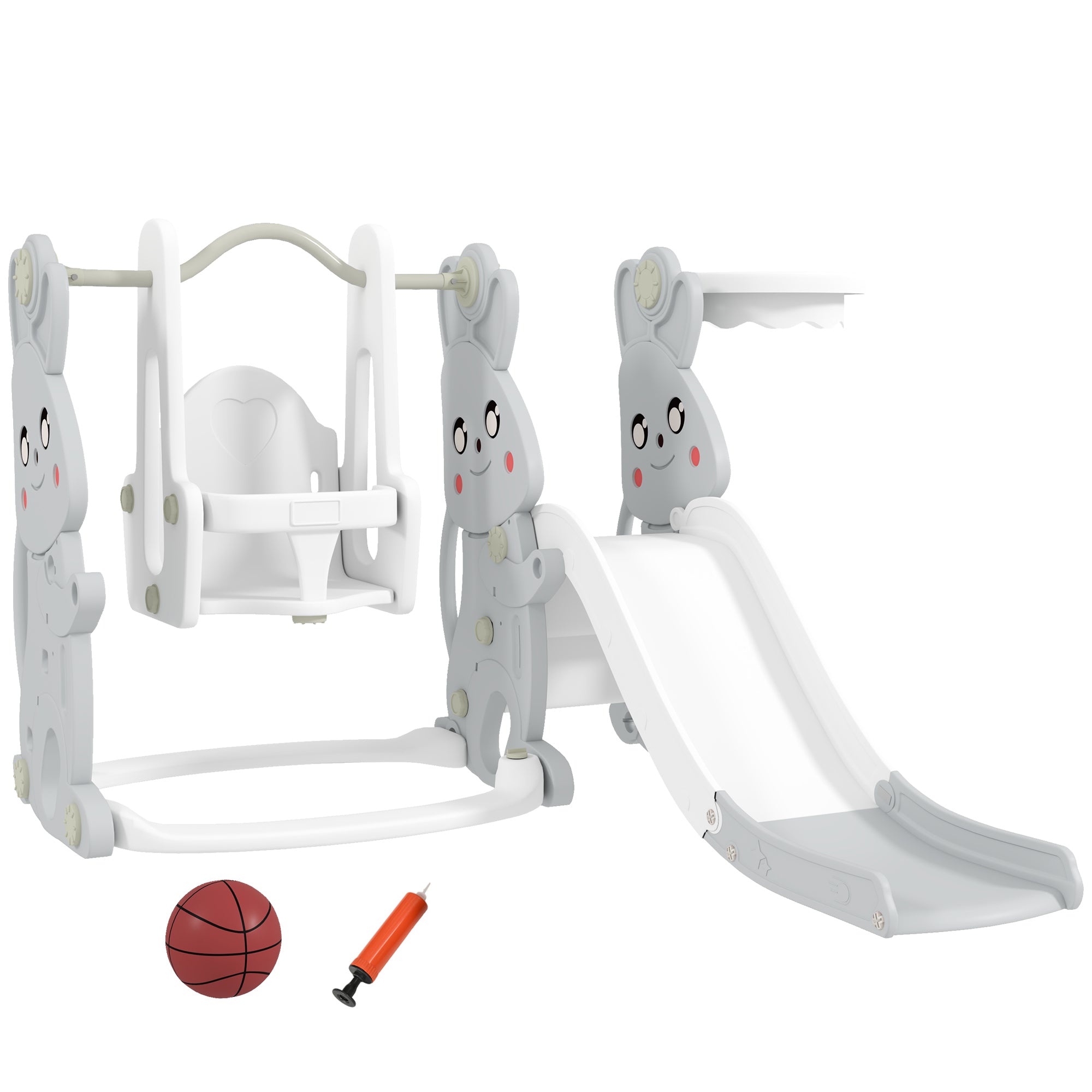 Slide 4-in-1 Toddler Slide with Swing, Climbing Frame, Basketball Hoop, Children's Playground with Bunny Design Toddler Slide for Indoor and Outdoor Children aged 1.5-4 years Gray