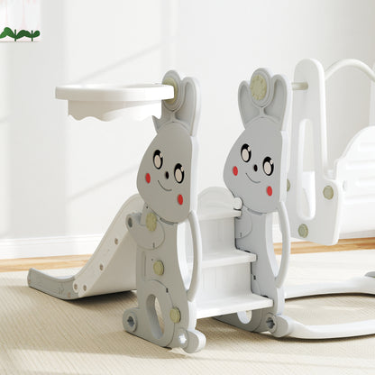 Slide 4-in-1 Toddler Slide with Swing, Climbing Frame, Basketball Hoop, Children's Playground with Bunny Design Toddler Slide for Indoor and Outdoor Children aged 1.5-4 years Gray