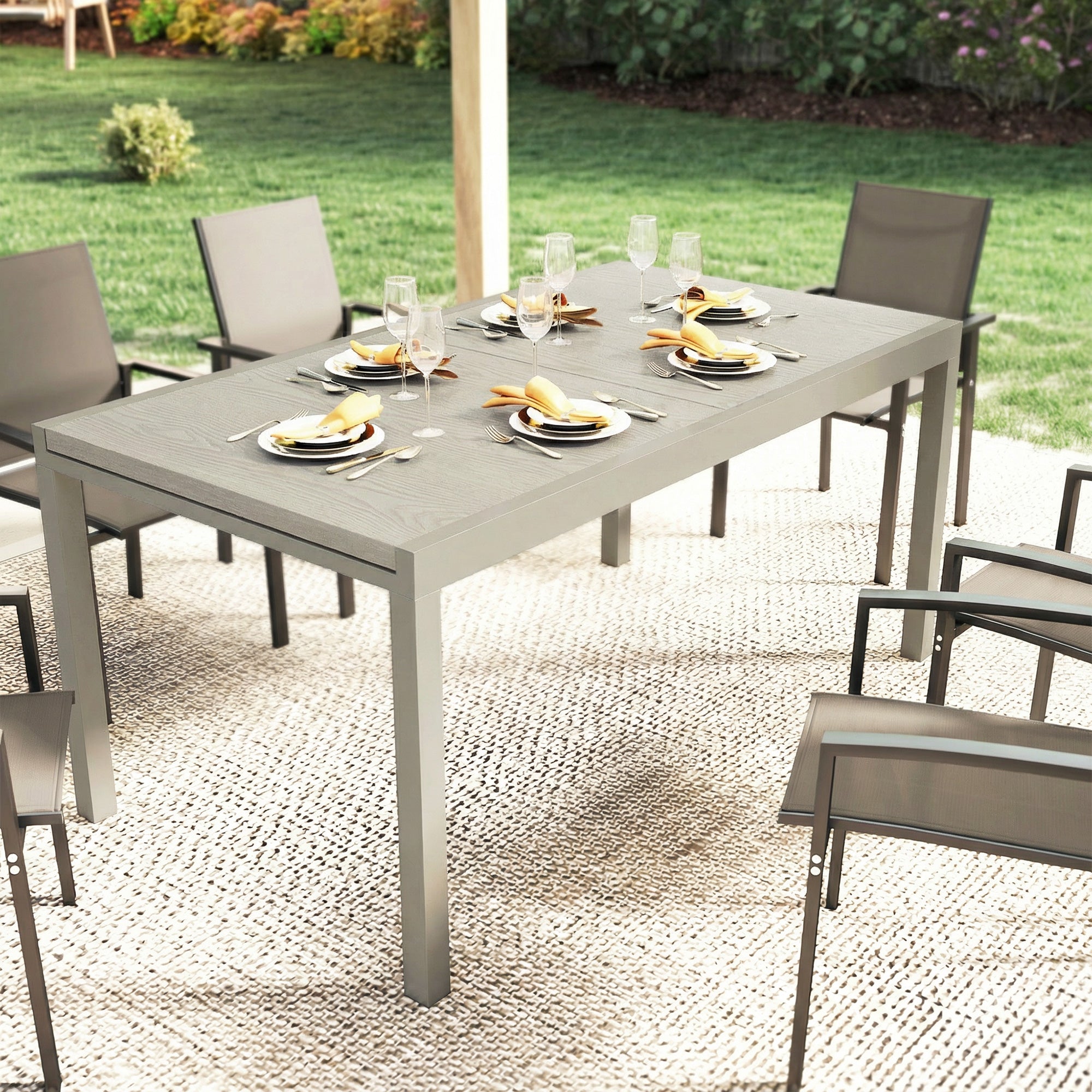 Extendable Garden Table, 60.6–84.3 in x 33.5 in Aluminum Dining Table for 8–10 People, Rectangular Balcony/Patio Table with Wood-Effect Top, Weatherproof — Light Gray
