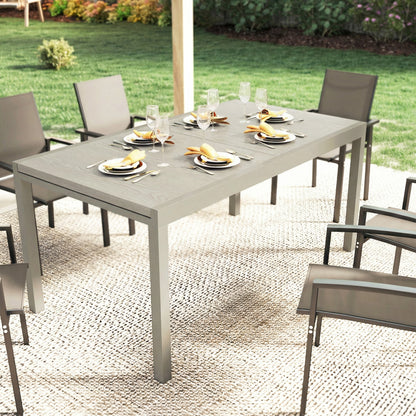 Extendable Garden Table, 60.6–84.3 in x 33.5 in Aluminum Dining Table for 8–10 People, Rectangular Balcony/Patio Table with Wood-Effect Top, Weatherproof — Light Gray