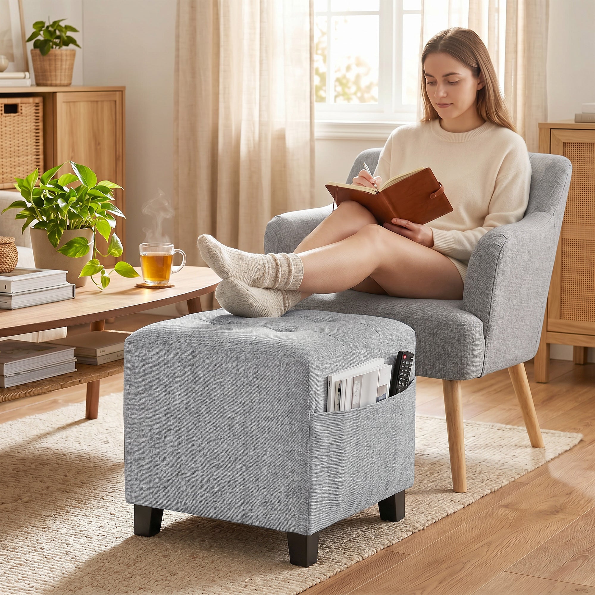 Square Ottoman with Side Pocket, Padded Seat, Rubberwood Legs, Linen-Look Fabric, 13.8 in, Light Gray