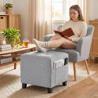 Square Ottoman with Side Pocket, Padded Seat, Rubberwood Legs, Linen-Look Fabric, 13.8 in, Light Gray