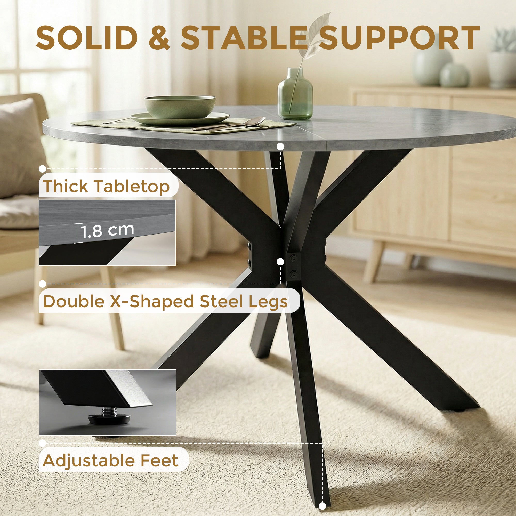 Round Folding Dining Table, Seats 2–6, Steel Spider-Leg Folding Table for Small Spaces, Dining Room, Kitchen, 43.3 x 43.3 x 29.9 in, Cement Gray