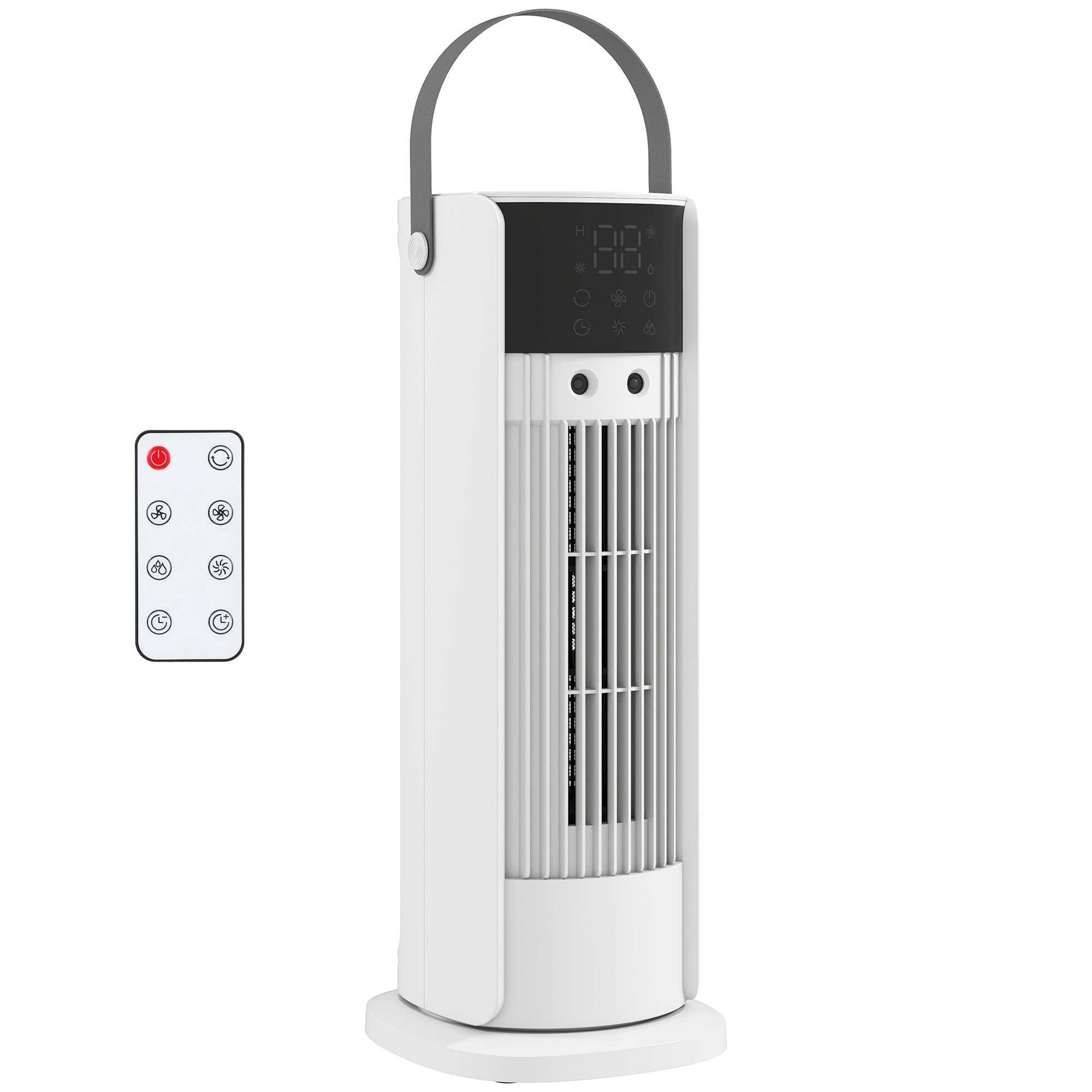 Tabletop Tower Fan with Mist & RGB Lighting, 3 Speeds, 90° Oscillation, 10-Hour Timer — Bedroom & Office, White