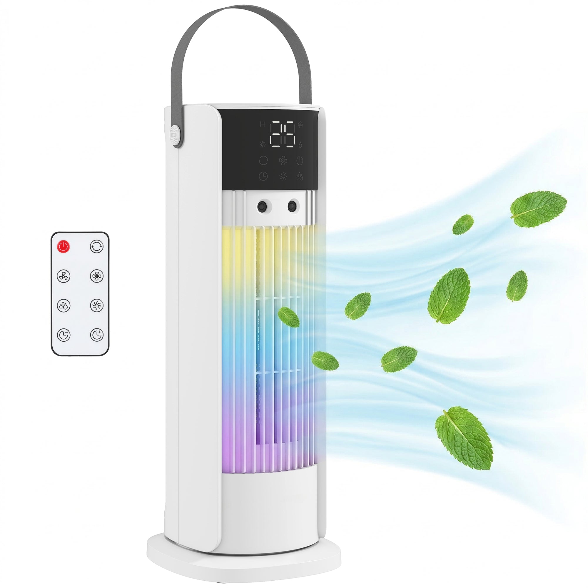 Tabletop Tower Fan with Mist & RGB Lighting, 3 Speeds, 90° Oscillation, 10-Hour Timer — Bedroom & Office, White