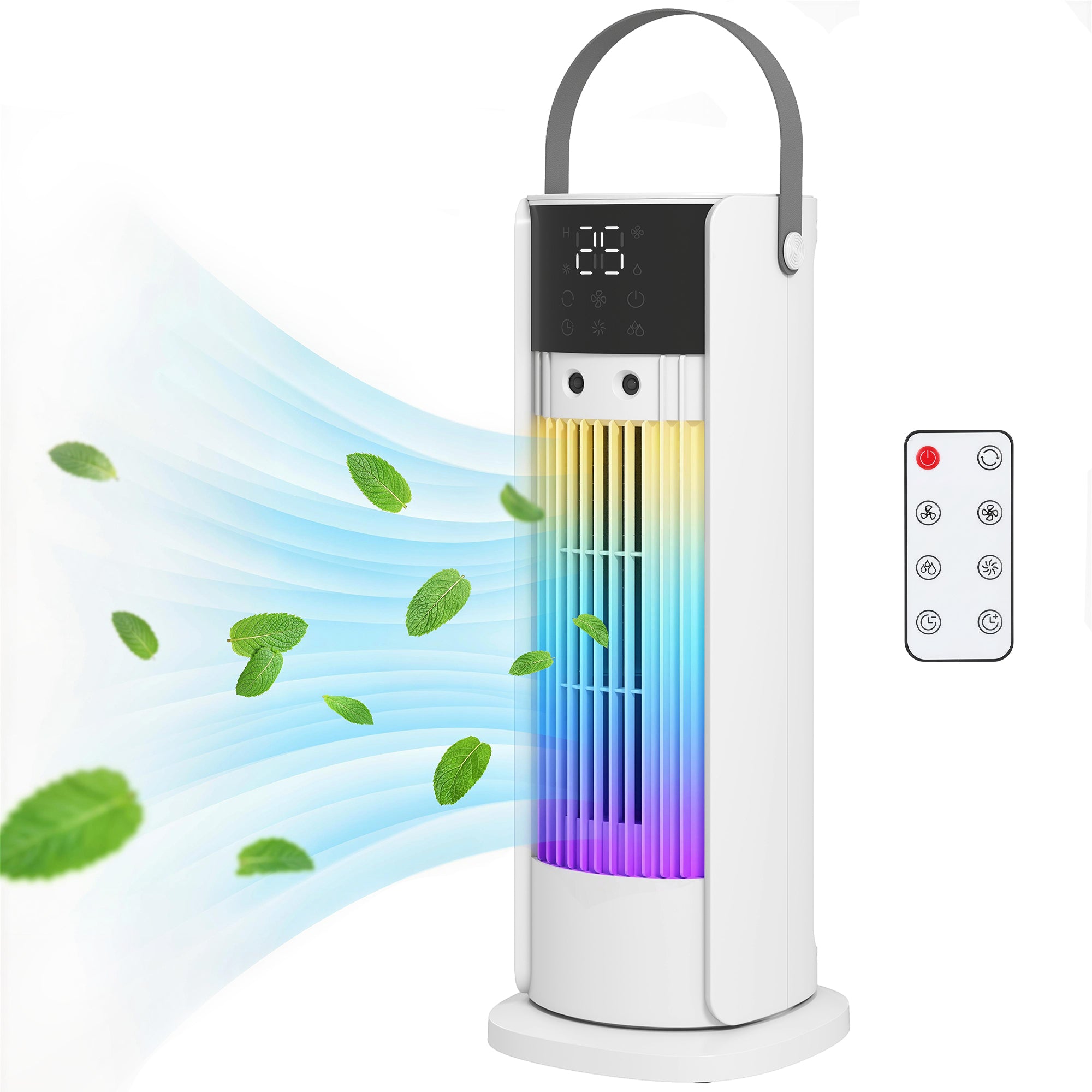 Tabletop Tower Fan with Mist & RGB Lighting, 3 Speeds, 90° Oscillation, 10-Hour Timer — Bedroom & Office, White