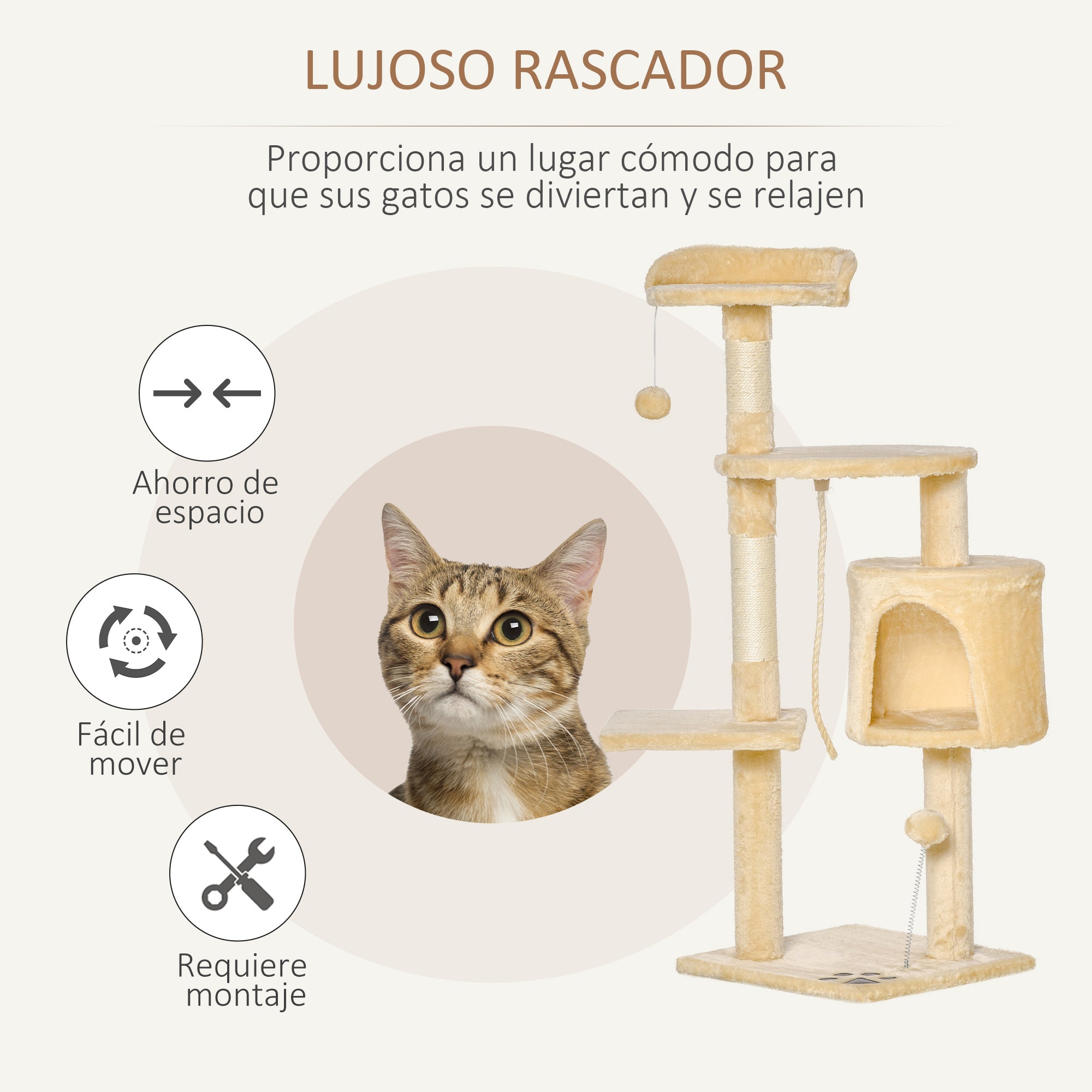 Cat Tree Scratcher Large with Platforms Cottages Play Balls 114cm Covered in Beige Plush