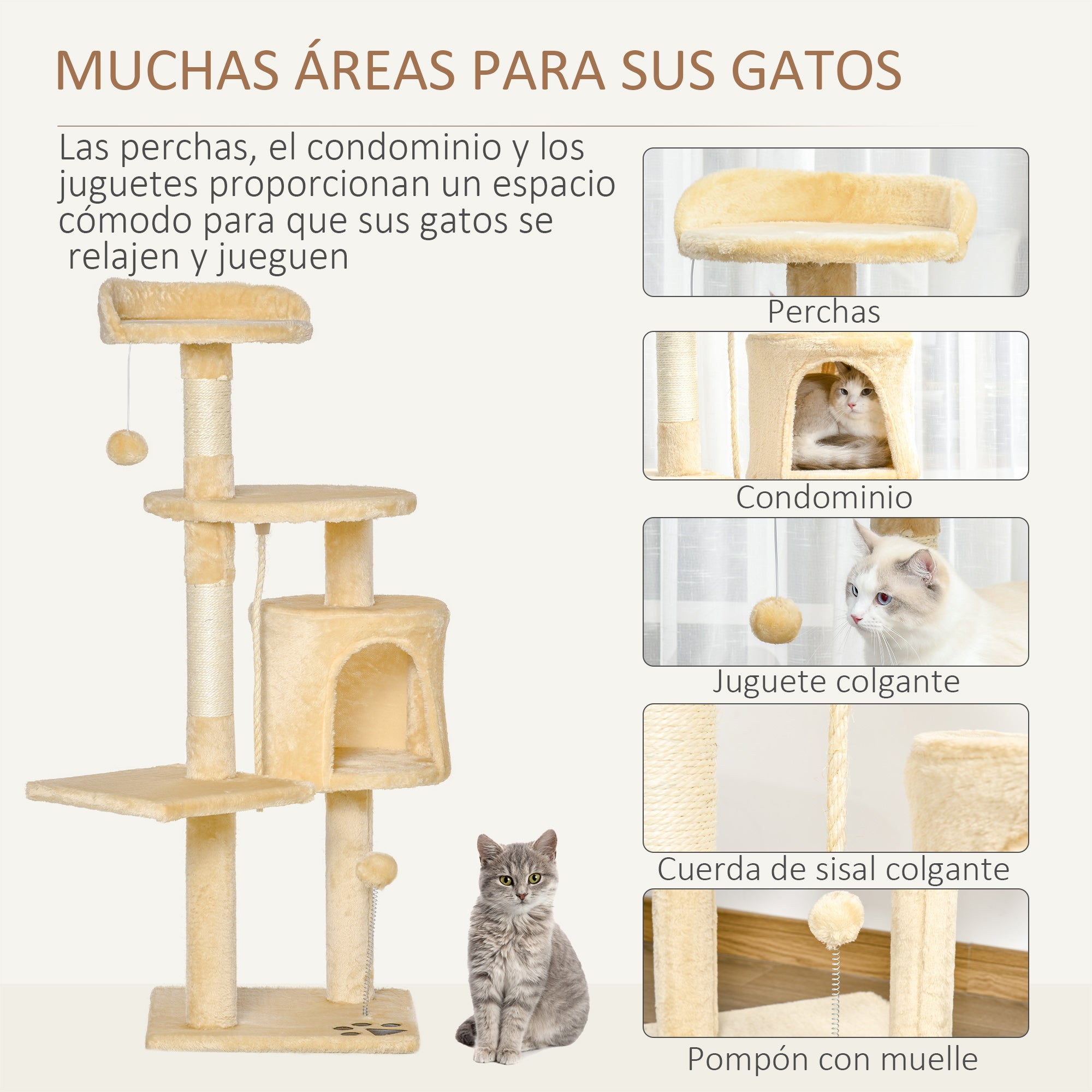 Cat Tree Scratcher Large with Platforms Cottages Play Balls 114cm Covered in Beige Plush