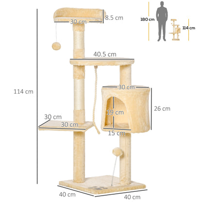 Cat Tree Scratcher Large with Platforms Cottages Play Balls 114cm Covered in Beige Plush