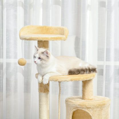 Cat Tree Scratcher Large with Platforms Cottages Play Balls 114cm Covered in Beige Plush