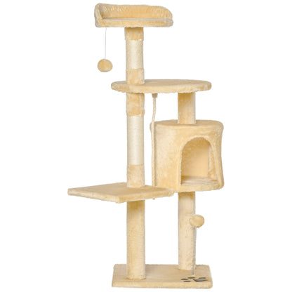 Cat Tree Scratcher Large with Platforms Cottages Play Balls 114cm Covered in Beige Plush
