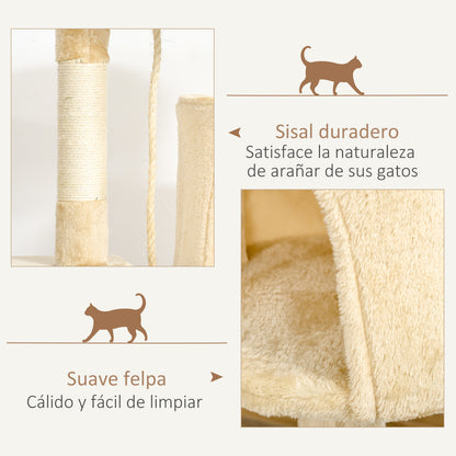 Cat Tree Scratcher Large with Platforms Cottages Play Balls 114cm Covered in Beige Plush