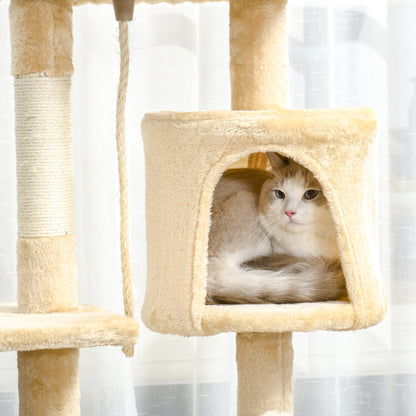 Cat Tree Scratcher Large with Platforms Cottages Play Balls 114cm Covered in Beige Plush