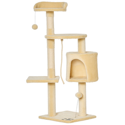 Cat Tree Scratcher Large with Platforms Cottages Play Balls 114cm Covered in Beige Plush