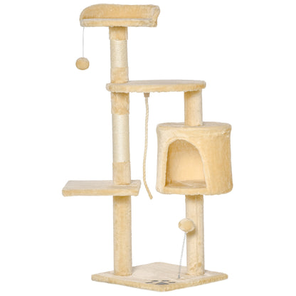 Cat Tree Scratcher Large with Platforms Cottages Play Balls 114cm Covered in Beige Plush