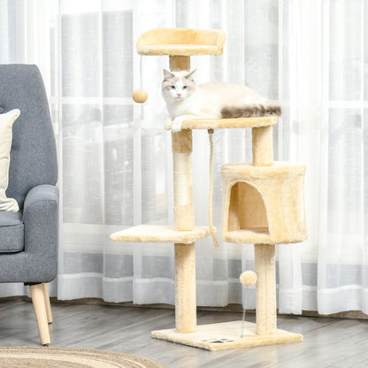 Cat Tree Scratcher Large with Platforms Cottages Play Balls 114cm Covered in Beige Plush