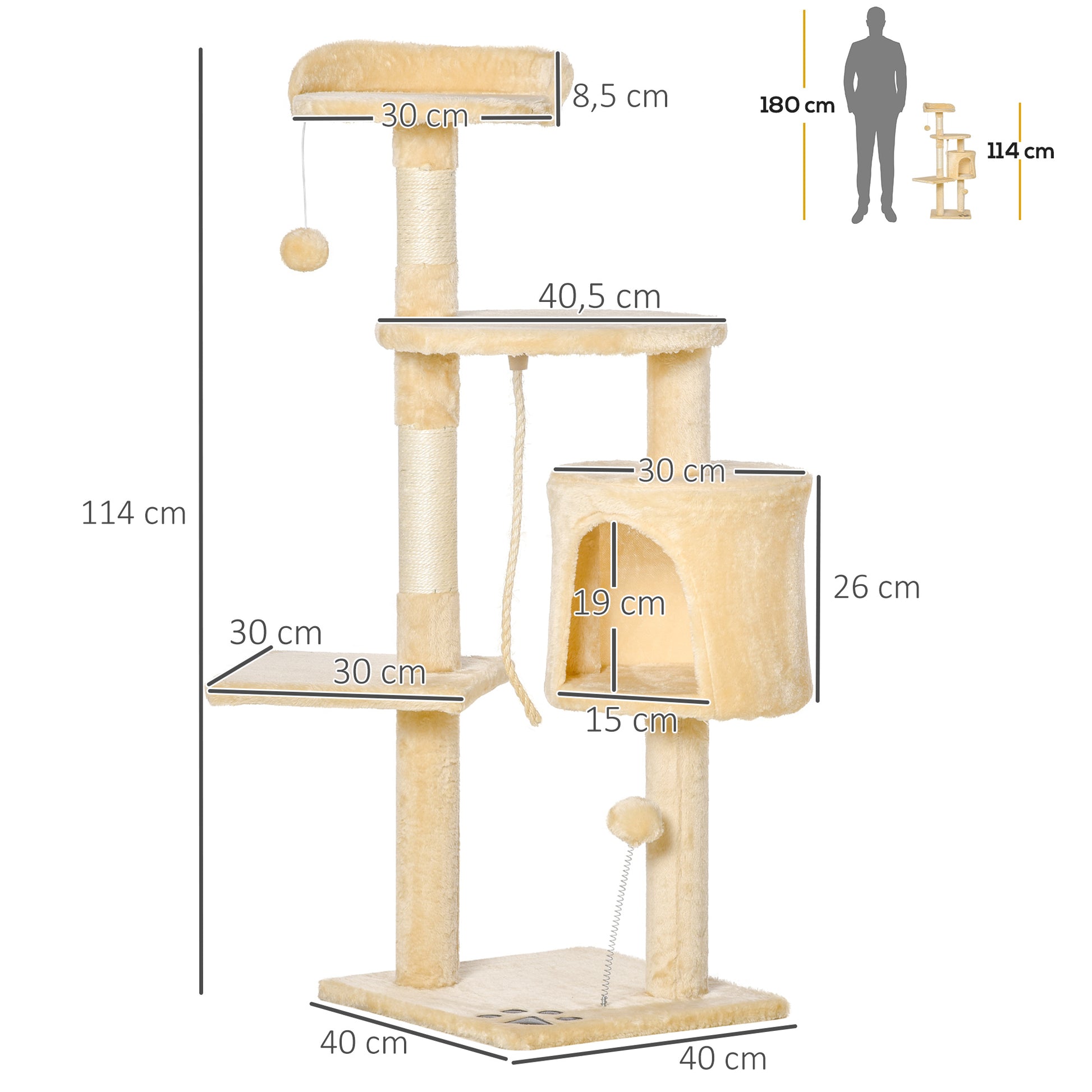 Cat Tree Scratcher Large with Platforms Cottages Play Balls 114cm Covered in Beige Plush