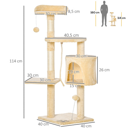 Cat Tree Scratcher Large with Platforms Cottages Play Balls 114cm Covered in Beige Plush