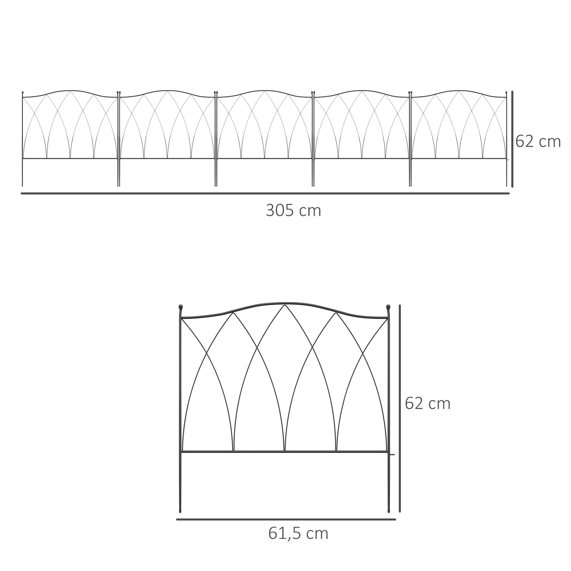 Set of 5 Decorative Metal Garden Fences - 305 x 62 cm Black