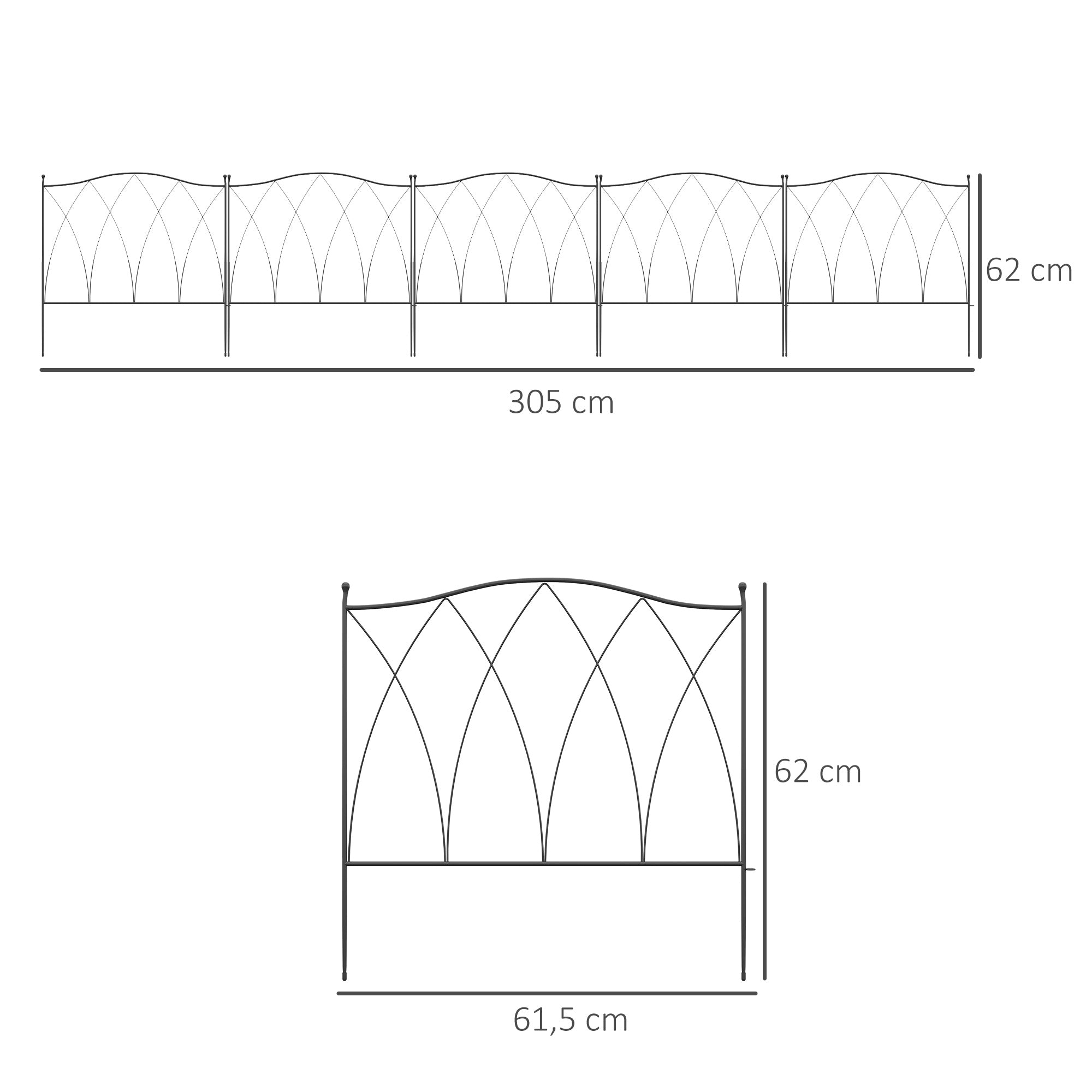 Set of 5 Decorative Metal Garden Fences - 305 x 62 cm Black