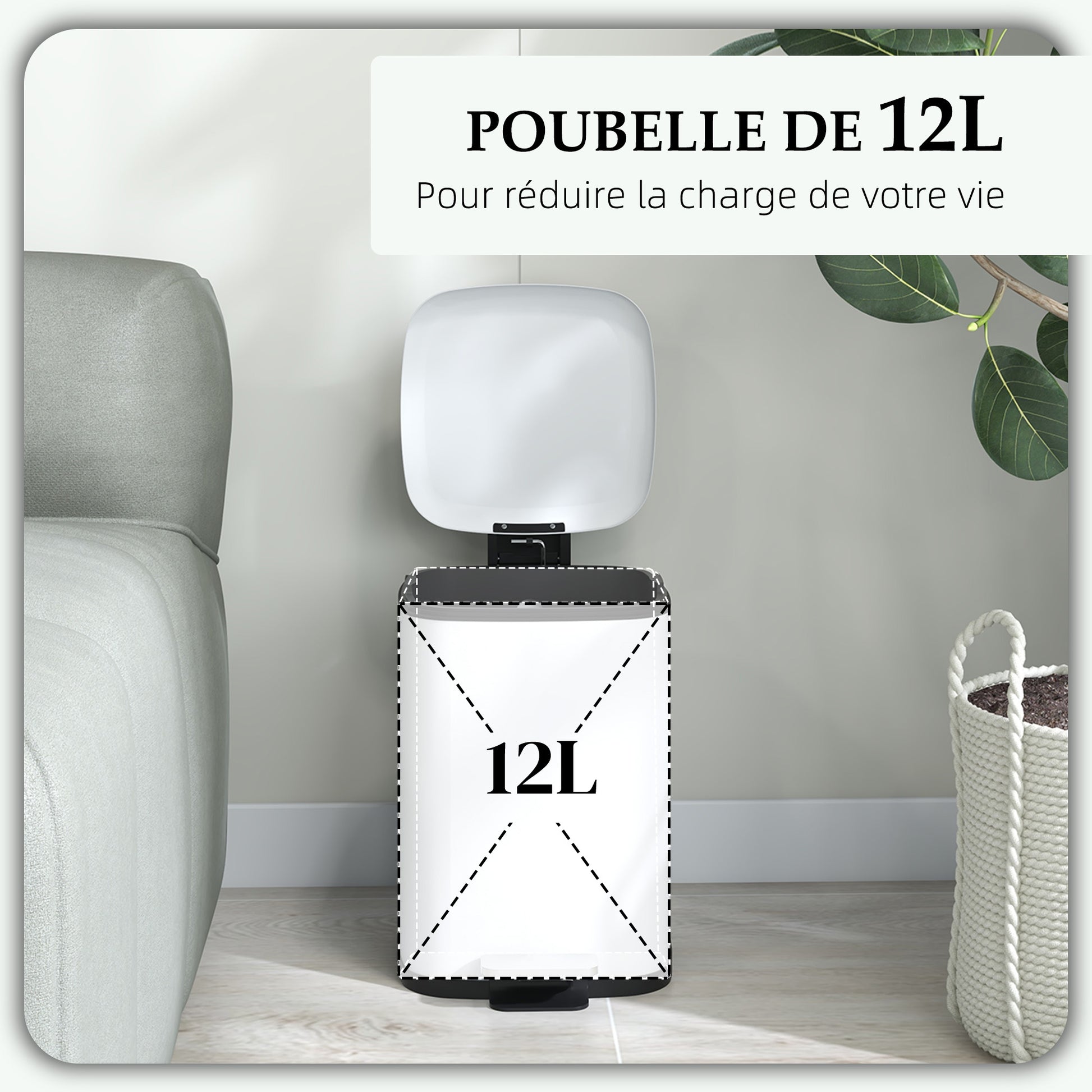 12L White Kitchen Trash Can with Soft-Close Lid, Pedal, Fingerprint-Proof, and Removable Inner Bucket